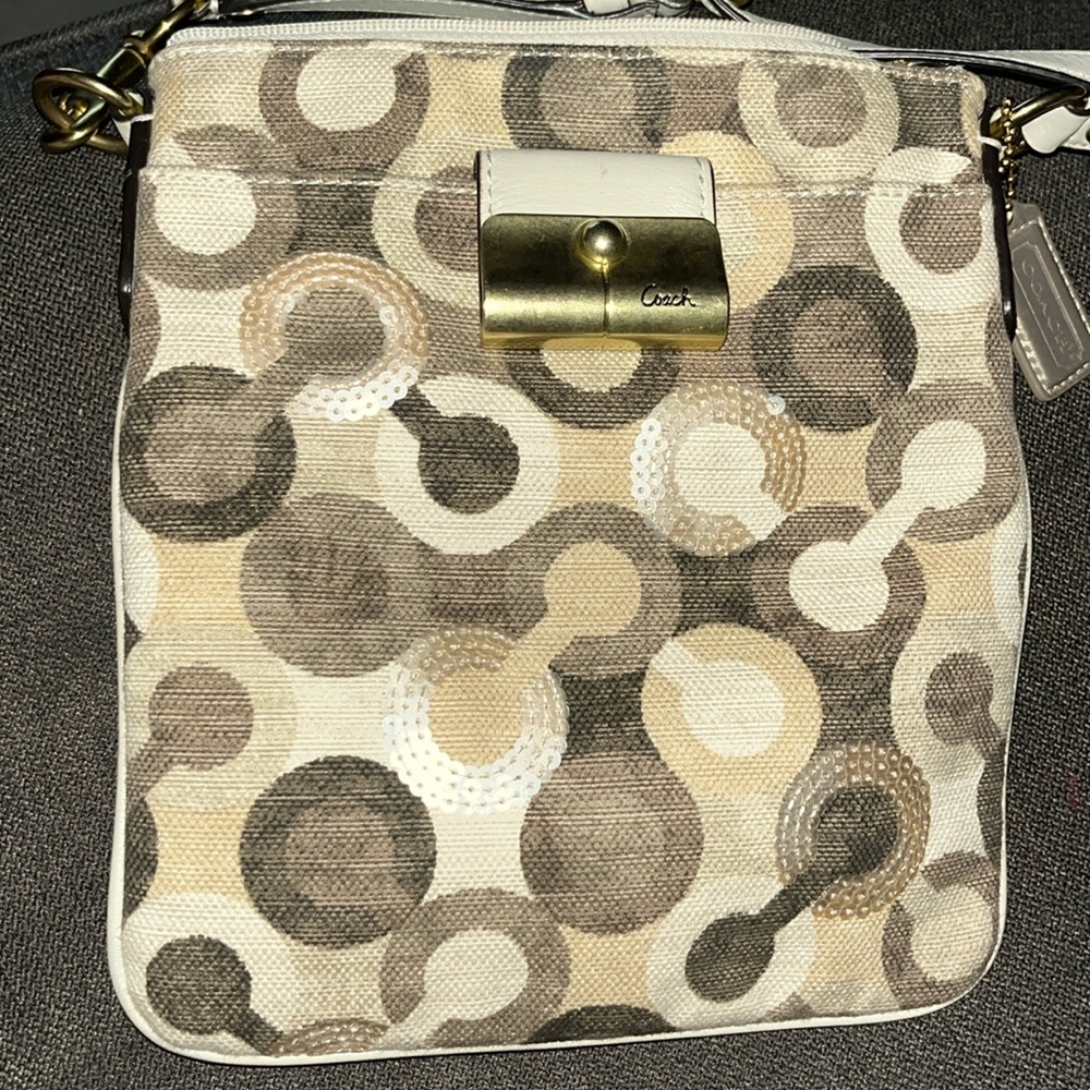 Coach Kristin Swing Bag Crossbody Sequin Signature Beige Brown